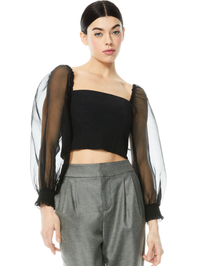 BRONTE BLOUSON SLEEVE CROP TOP - BLACK