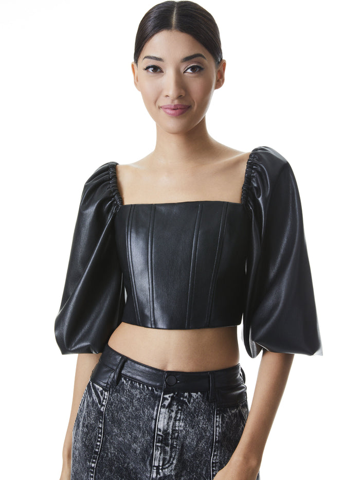 BRONTE VEGAN LEATHER BUSTIER TOP - BLACK