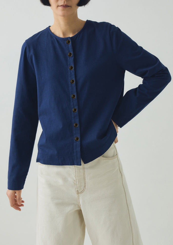 Button Through Cotton Jersey Tee | Indigo Blue