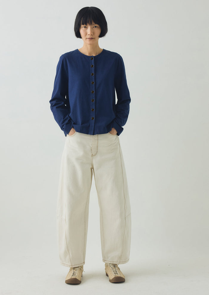Button Through Cotton Jersey Tee | Indigo Blue