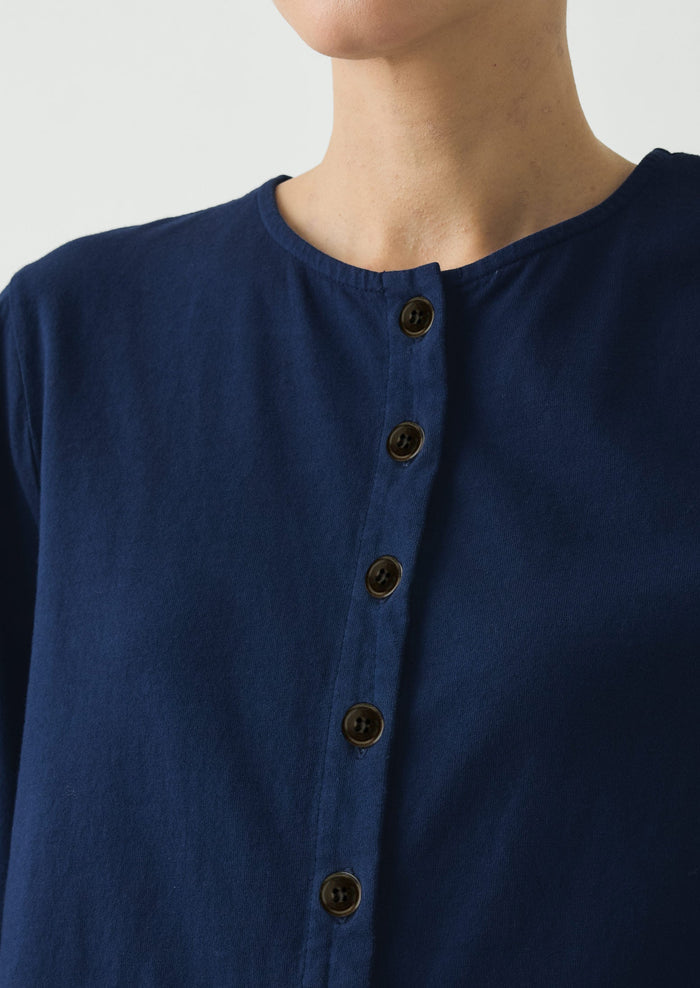 Button Through Cotton Jersey Tee | Indigo Blue