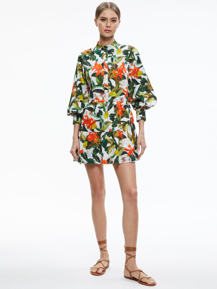 CAILIN BUTTON FRONT BLOUSON SLEEVE MINI DRESS - TROPICAL SUNRISE OFF WHITE