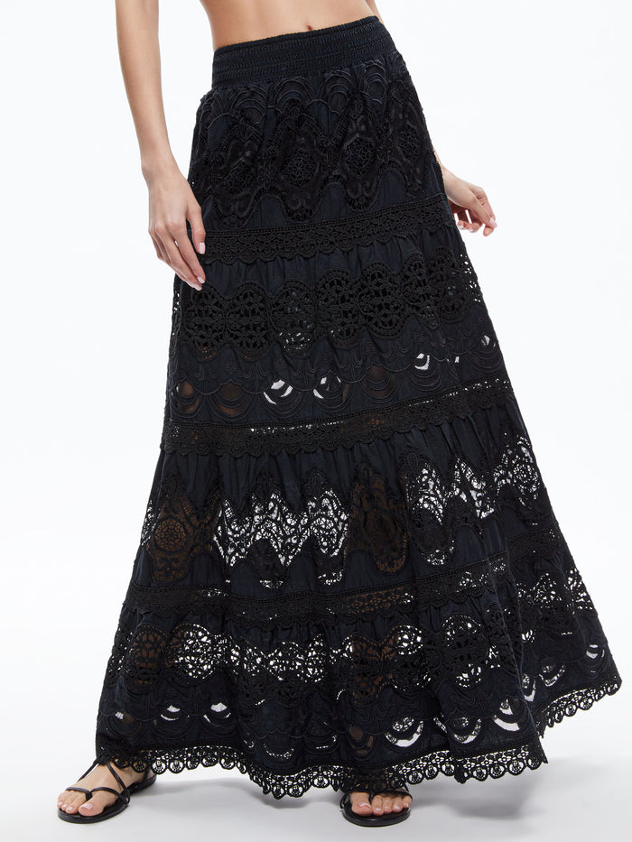 CALI EMBROIDERED TIERED MAXI SKIRT - BLACK