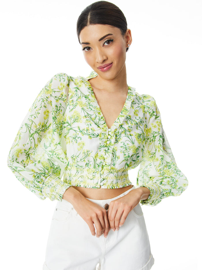 CALLICO FRONT RUFFLE SMOCKED WAIST BLOUSE - SUN DITSY OFF WHITE