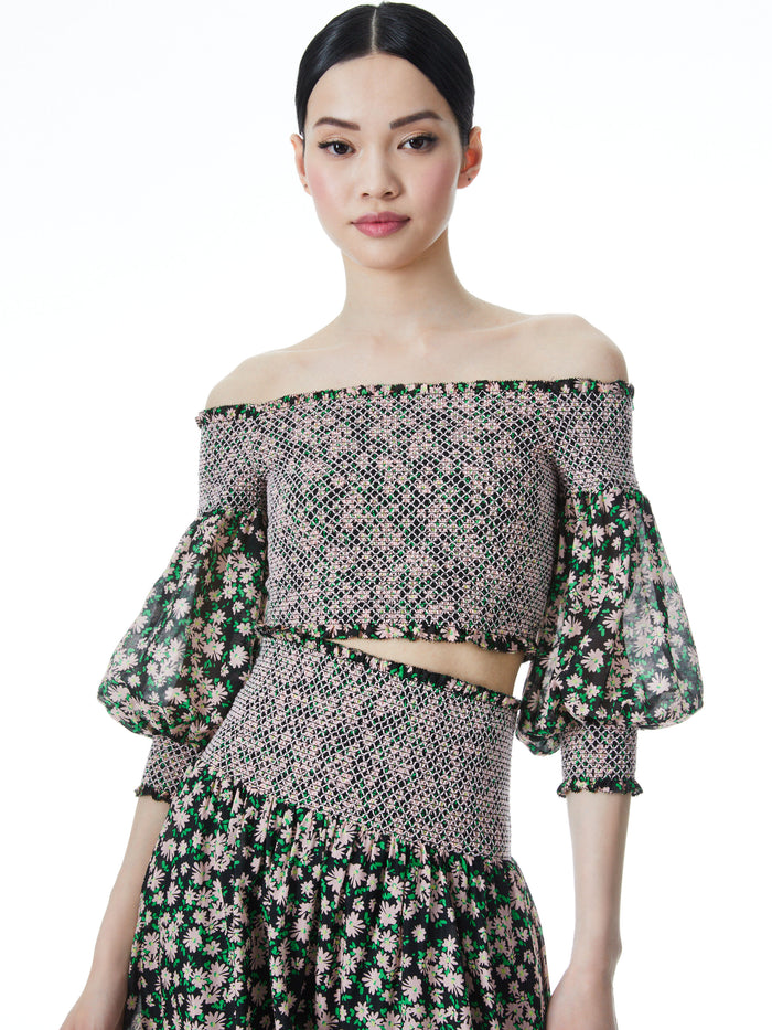CANDRA OFF THE SHOULDER CROP TOP - MONTEREY DITSY BLACK