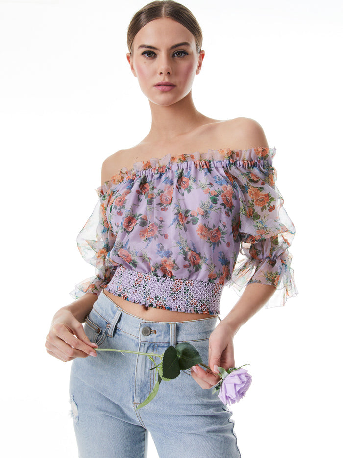 CAPRINA OFF THE SHOULDER CROP TOP - FLORAL EXPRESS SM LAVENDER