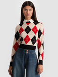 CAROLANN ARGYLE PULLOVER - OATMEAL HTR/BLACK/PERFECT RUBY