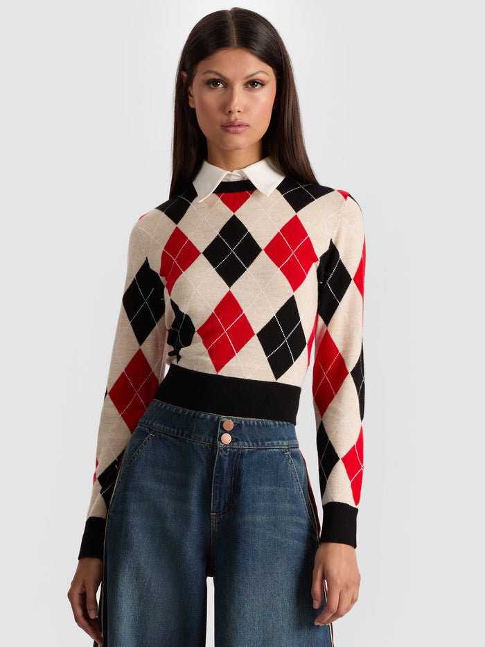 CAROLANN ARGYLE PULLOVER - OATMEAL HTR/BLACK/PERFECT RUBY