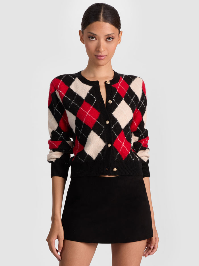 CAROLEE ARGYLE CARDIGAN - OATMEAL/BLACK/PERFECT RUBY