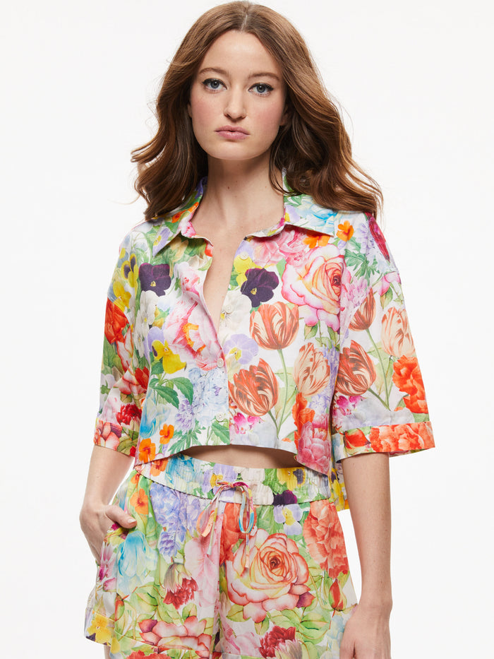CARVER CROPPED SHORT SLEEVE BUTTON DOWN SHIRT - DAWN FLORAL