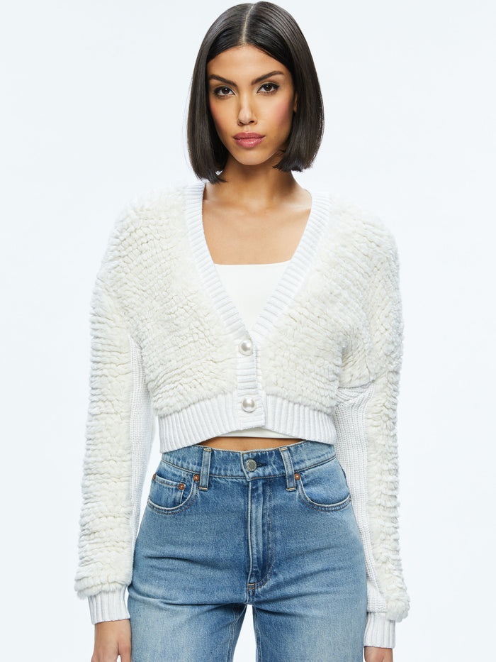 CASILDA FAUX FUR CROPPED CARDIGAN - SOFT WHITE