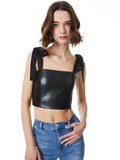 CASSIDY VEGAN LEATHER TIE STRAP TOP - BLACK