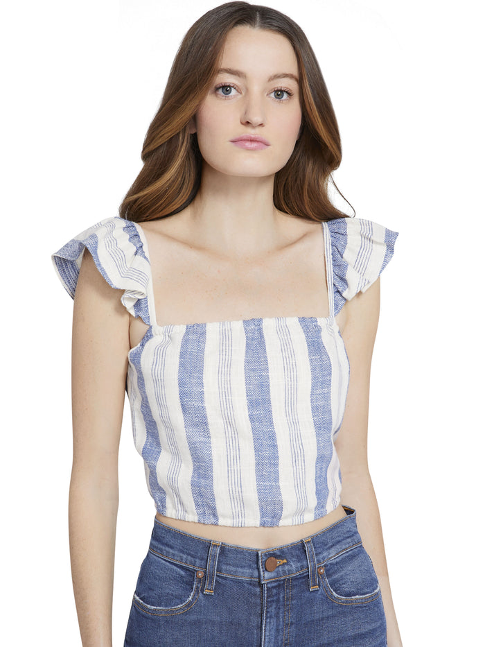 CELESTIA FLUTTER SLEEVE CROP TOP - CREAM/BLUE
