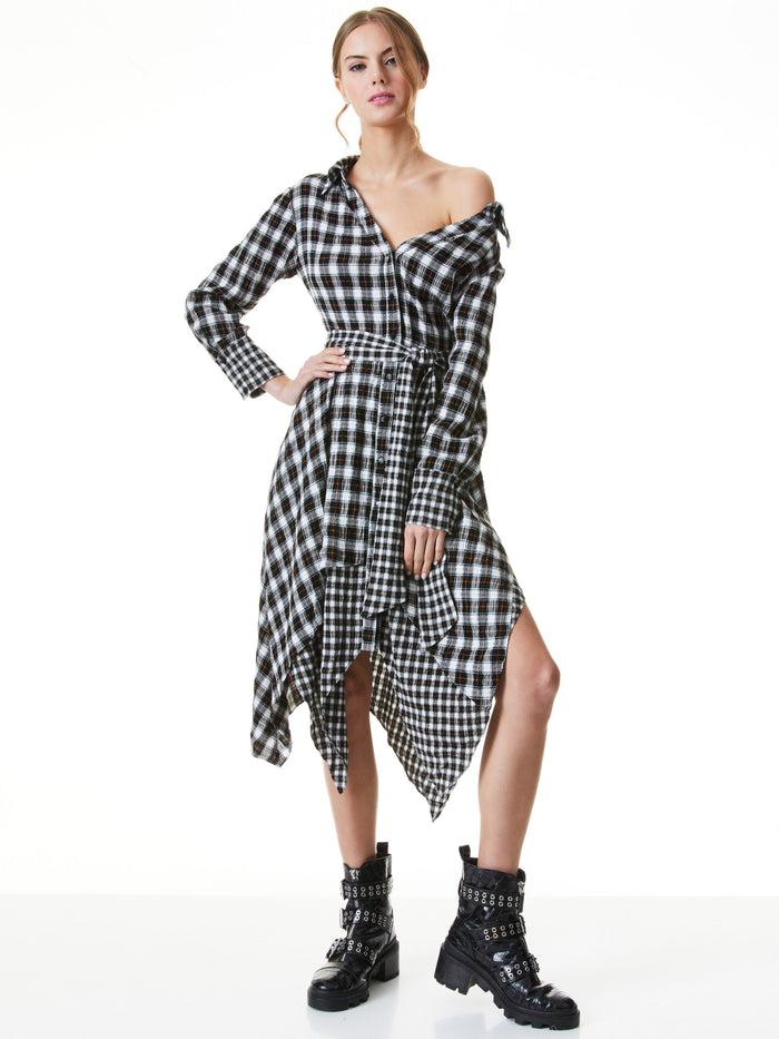 CELLIE HANDKERCHIEF MIDI DRESS - SHAW PLAID LG ANTIQUE WHITE