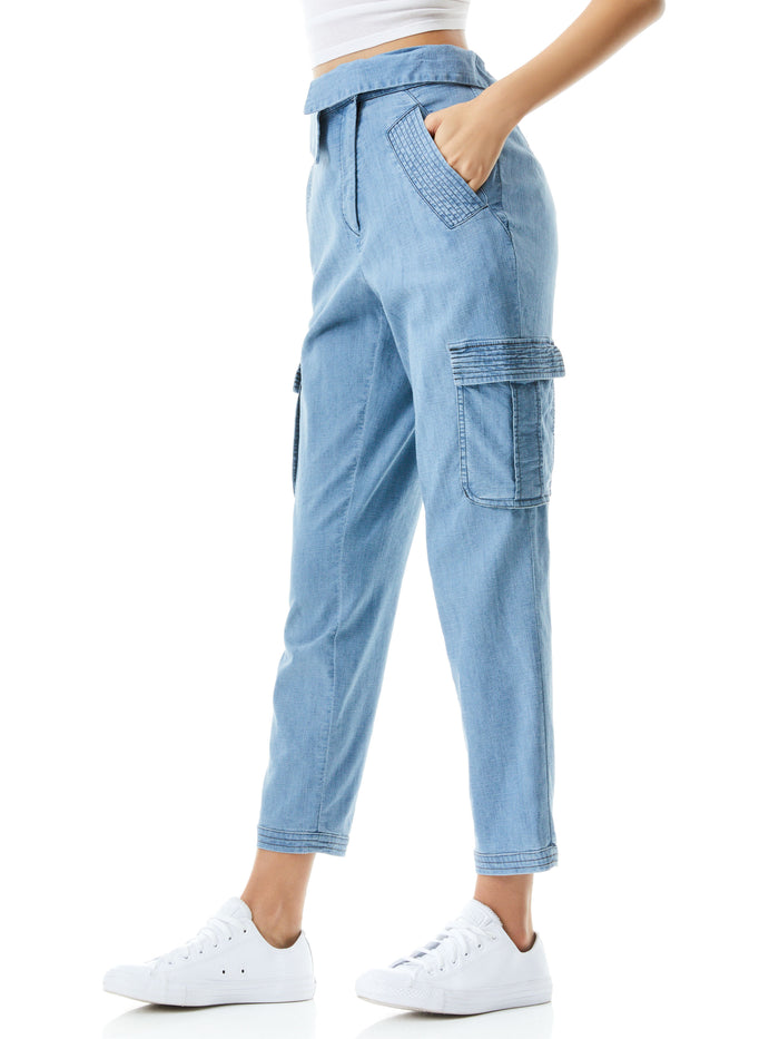 CHAD ASYMMETRICAL WAIST CARGO PANT - LIGHT CHAMBRAY