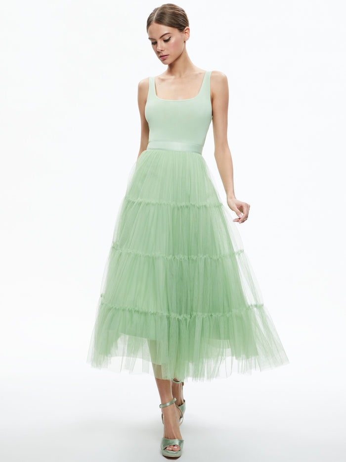 CHARA TULLE SCOOP NECK MIDI DRESS - PISTACHIO