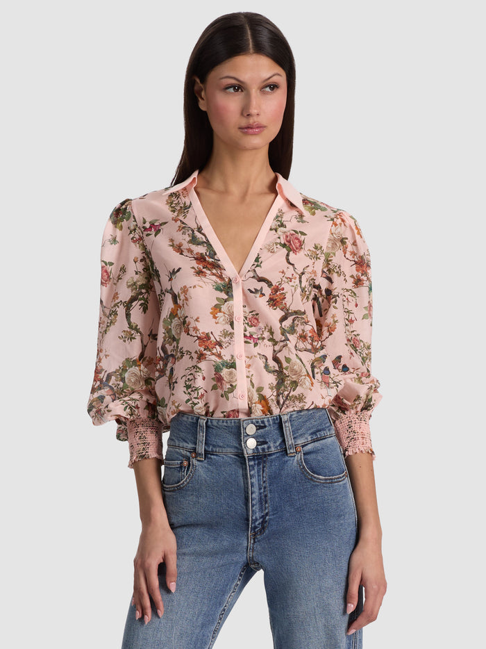 CHARIS BUTTON DOWN BLOUSE - SUNSET GROVE ENGLISH ROSE