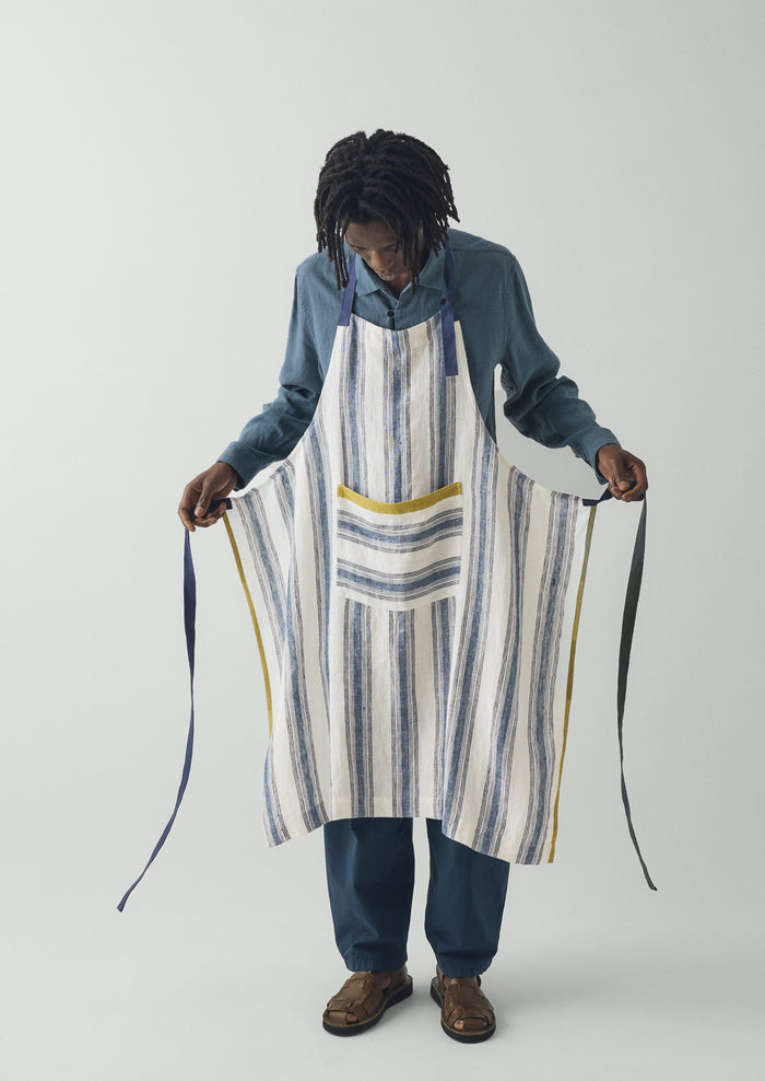 Chef Stripe Linen Apron | Ecru/Multi Blue
