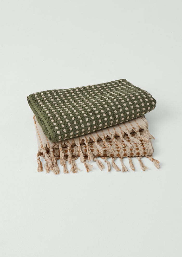 Chickpea Hand Finished Cotton Towel | Olive/Stone
