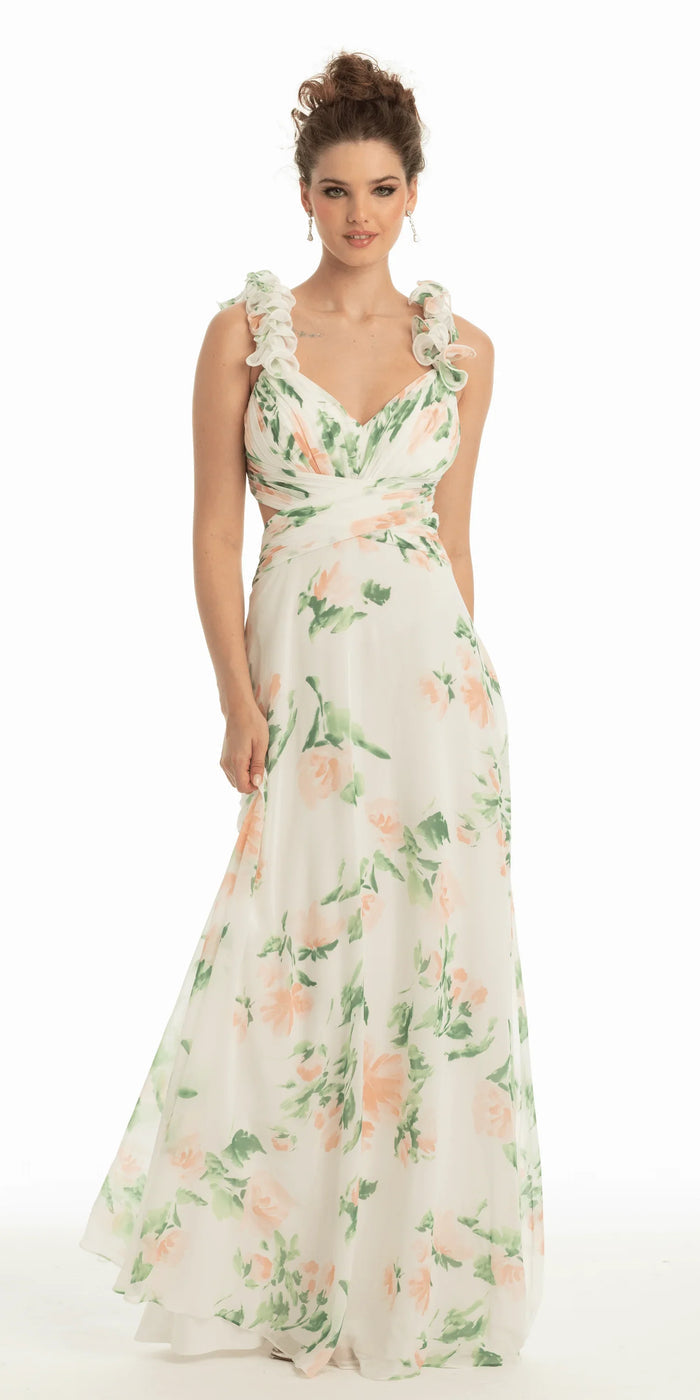 ivory-blush/size/4/missy/Camille La Vie/Chiffon Floral Print Ruffle Lace Up Back Dress/front