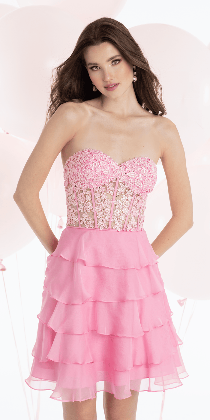 pink/size/4/missy/Camille La Vie/Chiffon Strapless Embroidered Corset Tiered Fit and Flare Dress/front