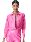 CHLOE VEGAN LEATHER CROC CROPPED JACKET - FRENCH ROSE