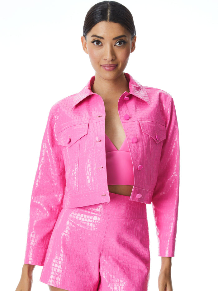 CHLOE VEGAN LEATHER CROC CROPPED JACKET - FRENCH ROSE