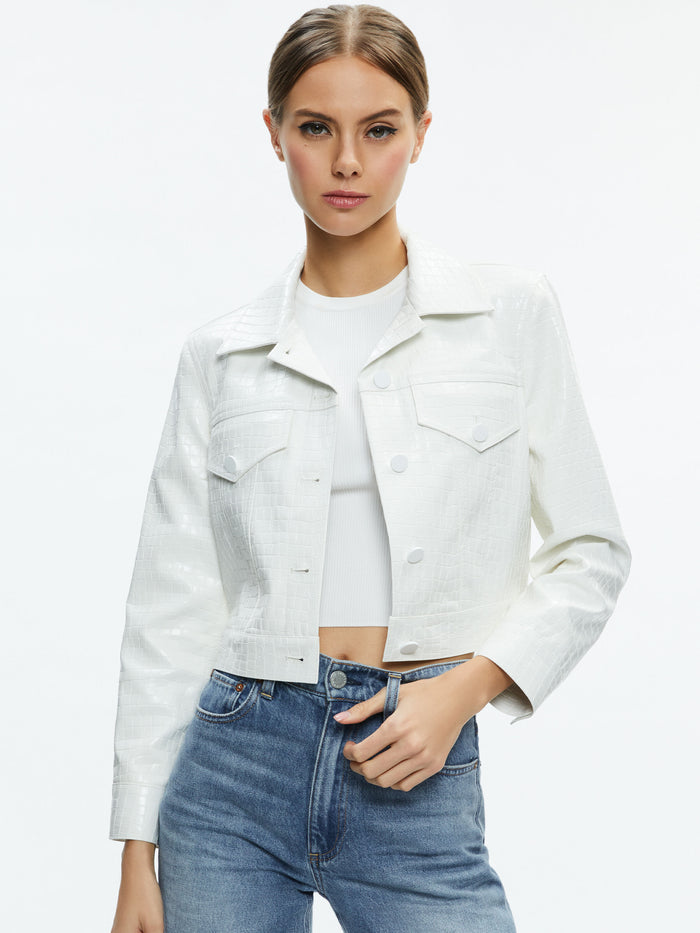 CHLOE VEGAN LEATHER CROPPED JACKET - WHITE
