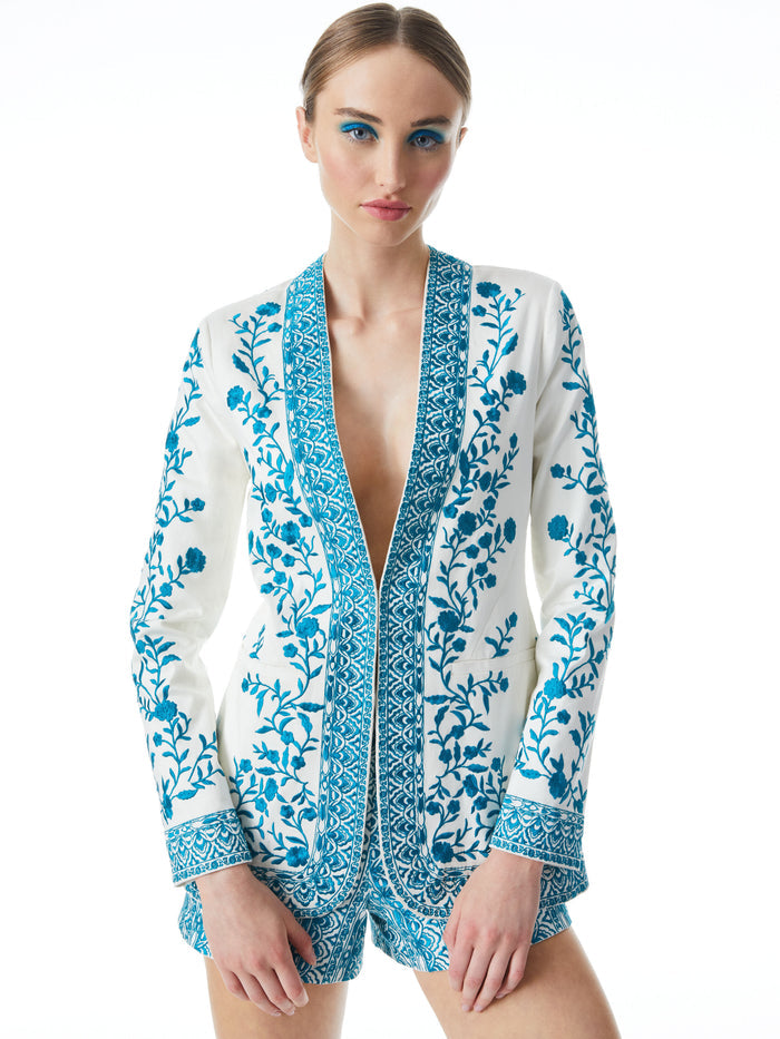 CHRISELLE EMBROIDERED BLAZER - OFF WHITE/OCEAN BLUE