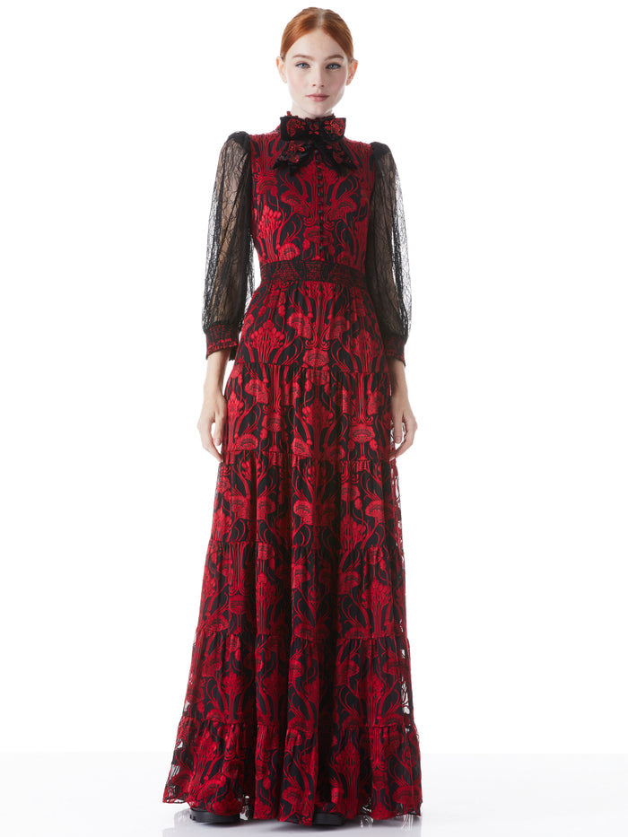 COLETTA EMBROIDERED BOW FRONT BUTTON MAXI DRESS - NEW DIMENSION BLACK