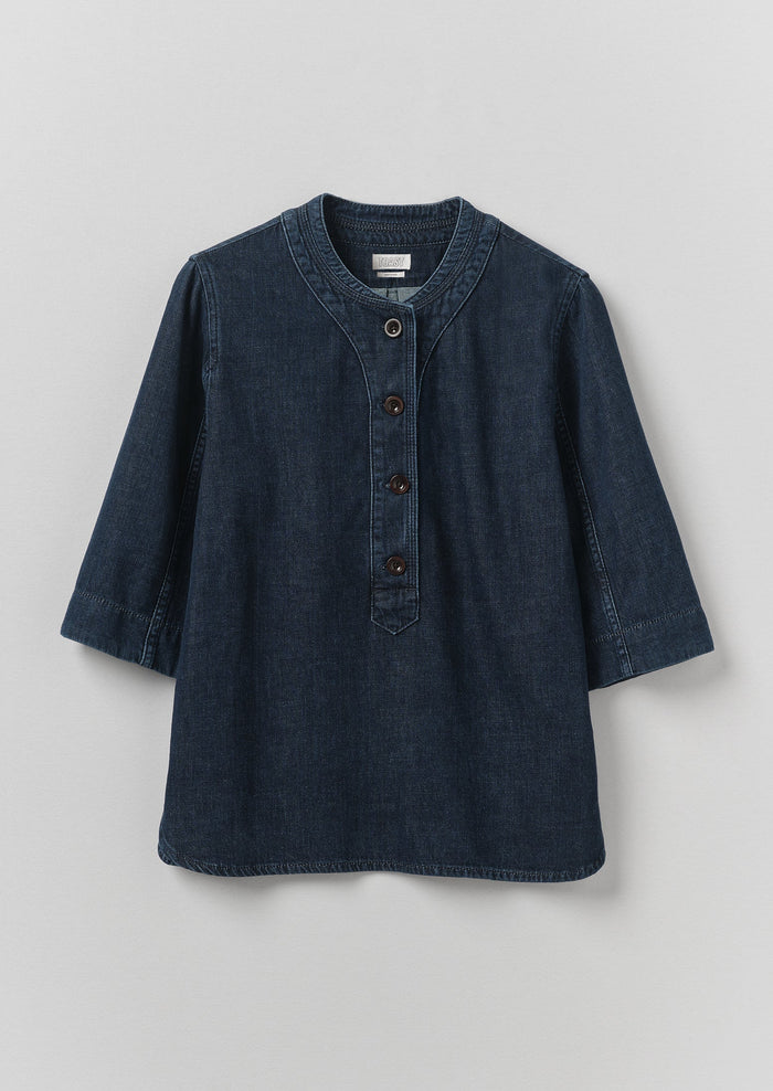 Cotton Denim Placket Detail Top | Indigo