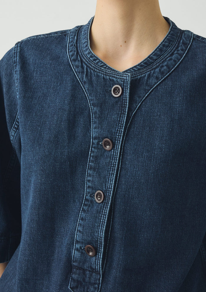 Cotton Denim Placket Detail Top | Indigo