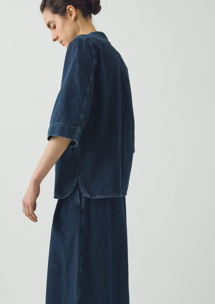 Cotton Denim Placket Detail Top | Indigo