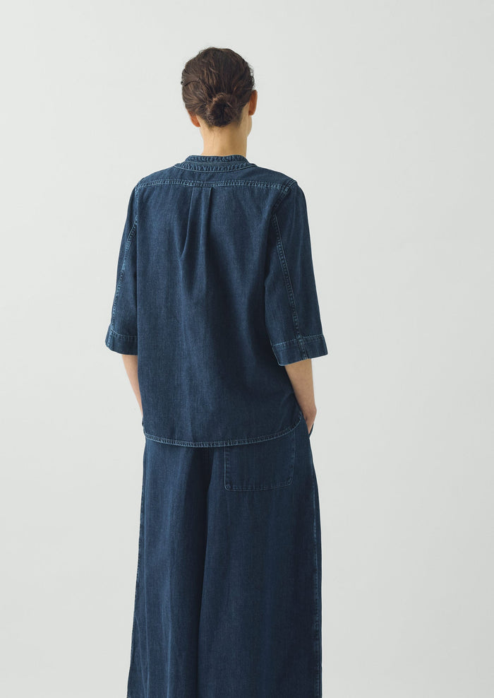 Cotton Denim Placket Detail Top | Indigo