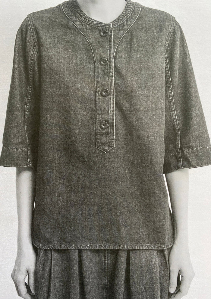 Cotton Denim Placket Detail Top | Indigo