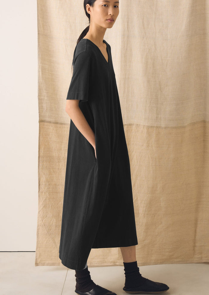 Cotton Jersey V Neck Dress | Washed Black
