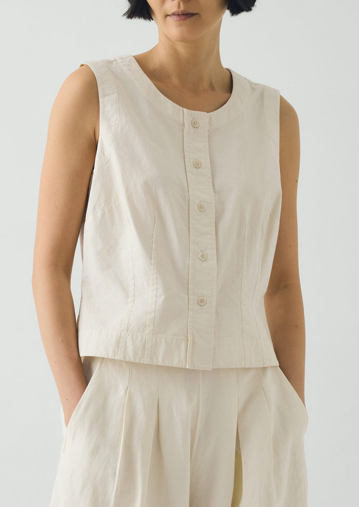 Cotton Linen Poplin Sleeveless Top | Ecru