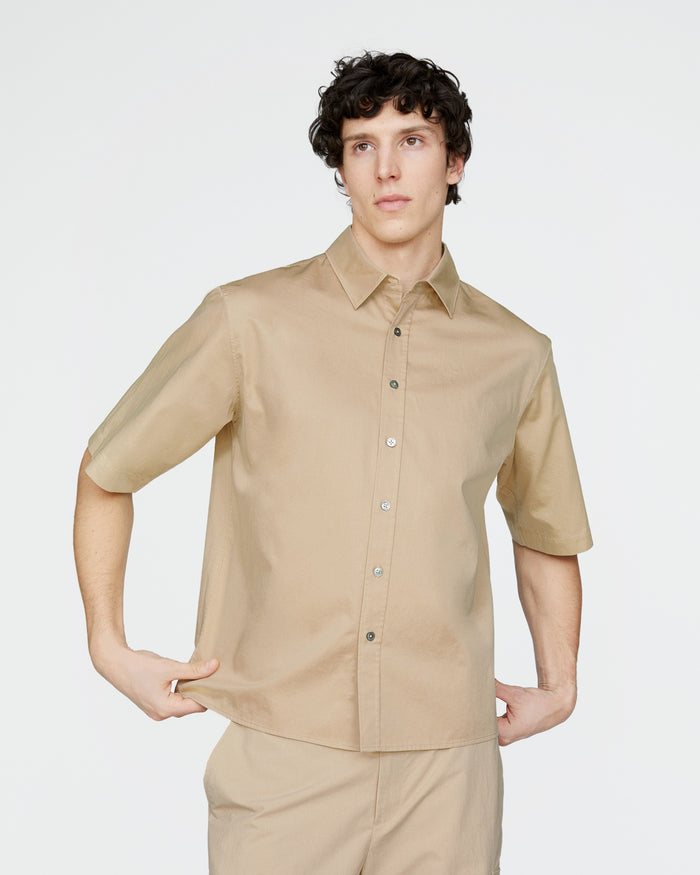 Cotton Poplin Short Sleeve Button Down Shirt - Macadamia
