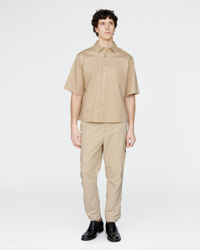 Cotton Poplin Short Sleeve Button Down Shirt - Macadamia