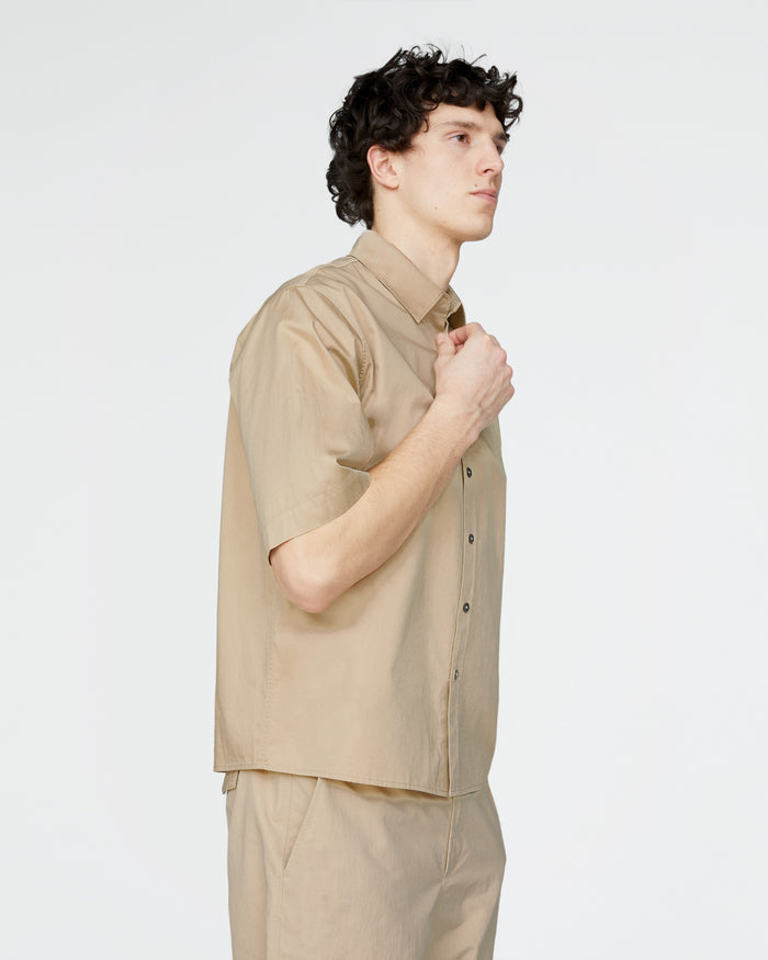 Cotton Poplin Short Sleeve Button Down Shirt - Macadamia