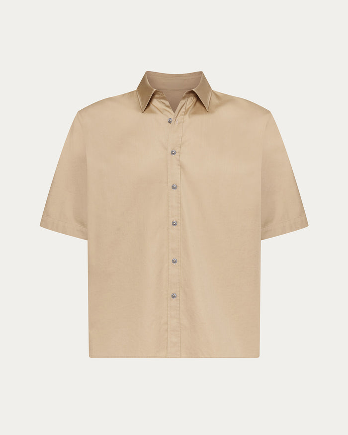 Cotton Poplin Short Sleeve Button Down Shirt - Macadamia