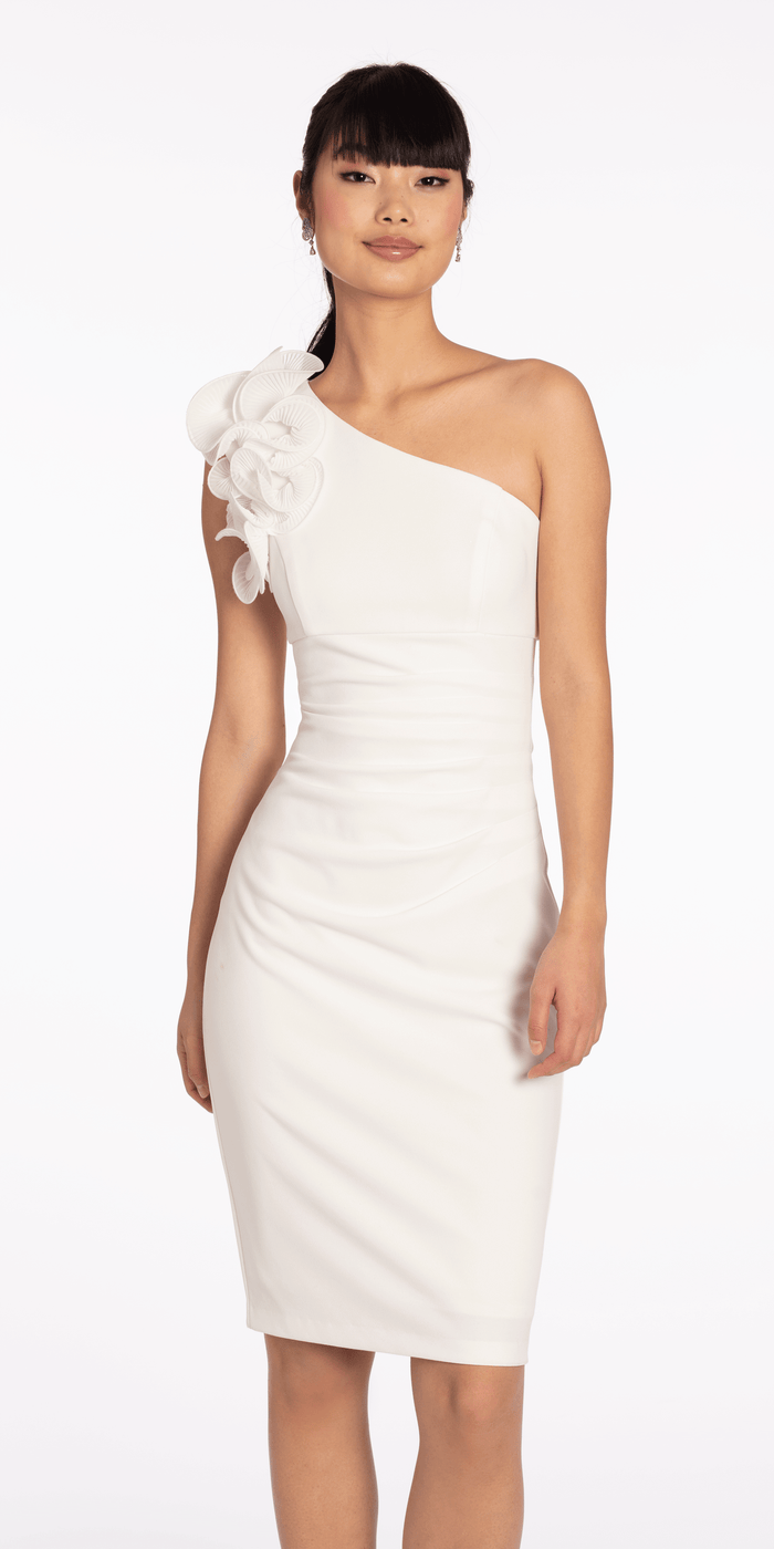 Crepe One Shoulder Ruffle Midi Dress with Ruching - Camille La Vie