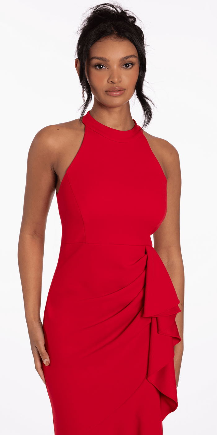 red/size/4/missy/Camille La Vie/Crepe Racer Back Halter High-Low Dress with Side Cascade/close up