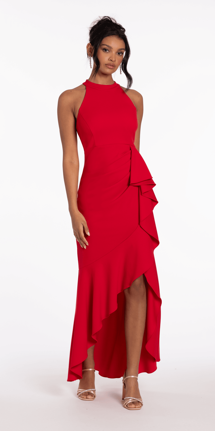 red/size/4/missy/Camille La Vie/Crepe Racer Back Halter High-Low Dress with Side Cascade/alt