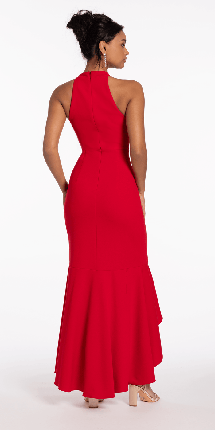 red/size/4/missy/Camille La Vie/Crepe Racer Back Halter High-Low Dress with Side Cascade/back