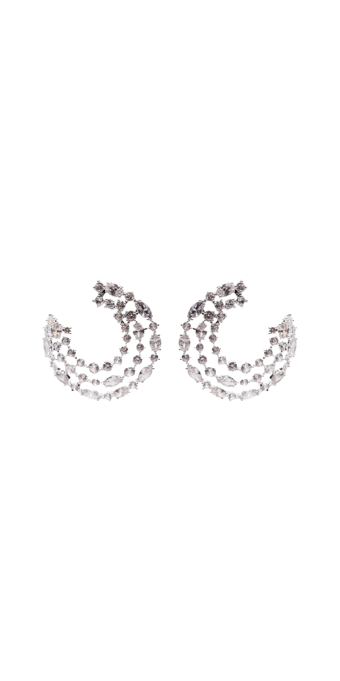 silver/one size/Camille La Vie/Crescent Moon 3 Row Rhinestone Earrings /front