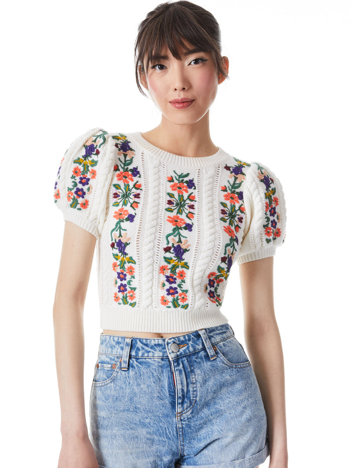 DAREN PUFF SLEEVE PULLOVER - SOFT WHITE/MULTI
