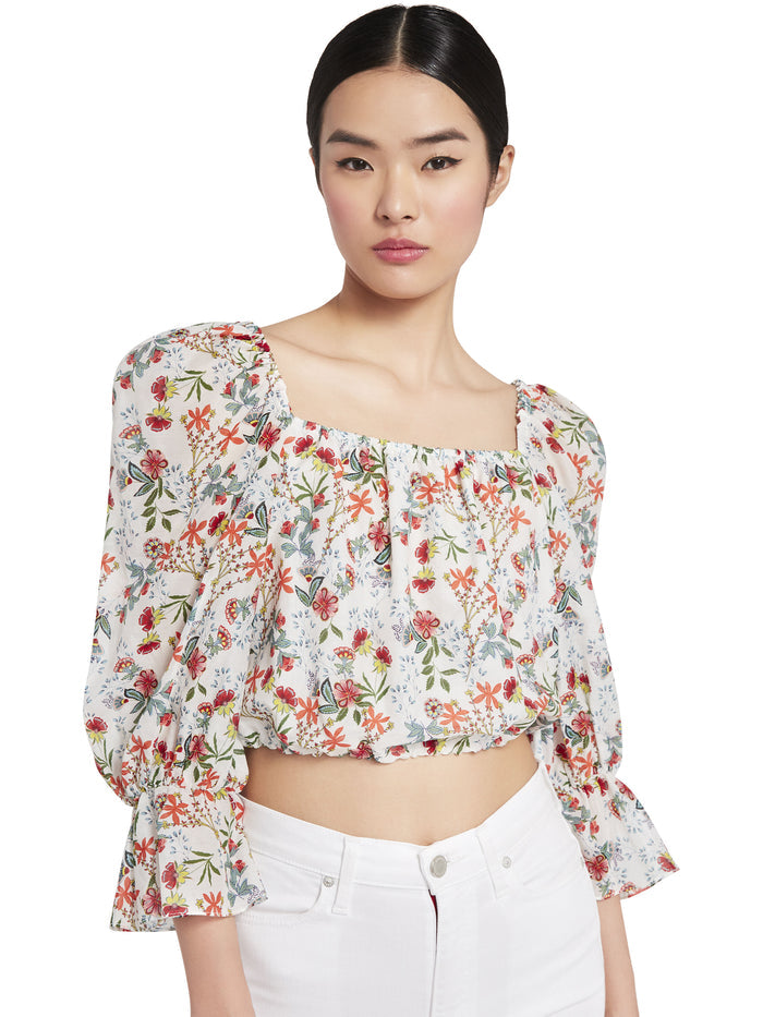 DEB FLORAL BLOUSON SLEEVE BLOUSE - BLUE BELL SOFT WHITE