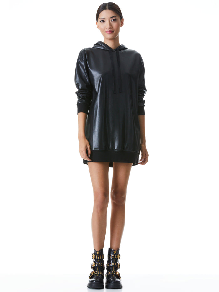 DECLAN VEGAN LEATHER SWEATSHIRT DRESS - BLACK