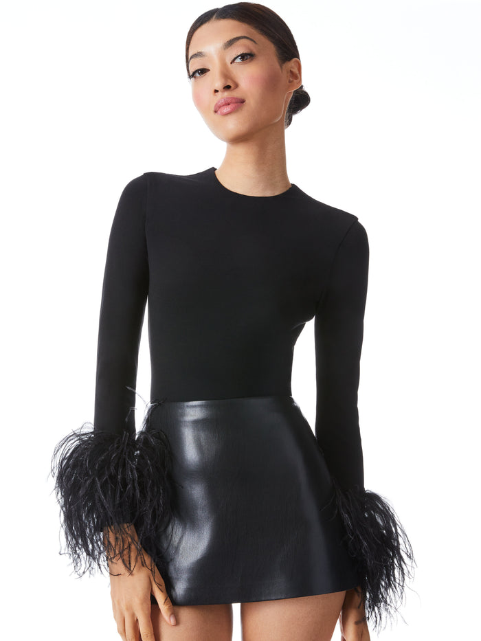DELAINA FEATHER CUFF SLEEVE TOP - BLACK